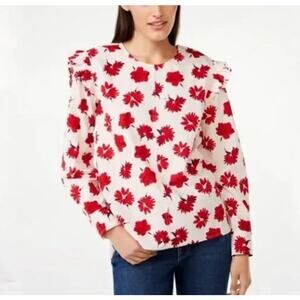 Free Assembly $24 XXL Red Floral 100% Cotton Button Ruffle Shoulder Top